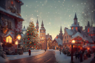 Beautiful town decorated for Christmas with a Christmas tree, snowfall, AI generated image