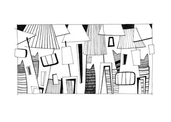 Night illustration poster with cats and houses. Doodle buildings in city. A cartoon style street with cute houses. Fantasy street with  cats silhouette art.