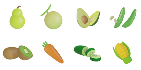 3d rendering. fruits and vegetables icon set on a white background.pear,melon,avocado,beans,kiwi,carrot,cucumber,corn