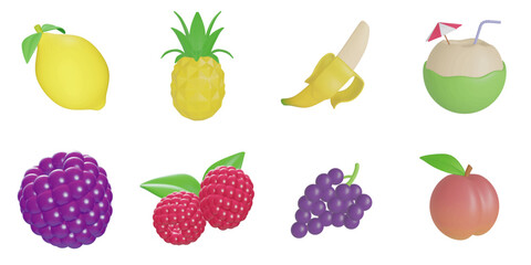 3d rendering. fruits icon set on a white background.lemon,pineapple,banana,coconut,raspberry,grape,peach,cherry