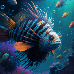 Fototapeta na wymiar Illustration of a lion fish underwater. A venomous marine fish native to the Indo-Pacific. 