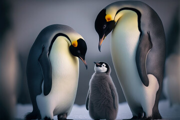 Obraz premium Emperor Penguins with chick. Digital artwork