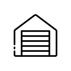 Garage line icon. Foreman, house, car, storage builder, setting, tasks, construction, warehouse, equipment, transport. industry concept. Vector black line icon on a white background