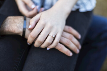 Engagement photo showing the engagement ring on the female's hand; Bothell, Washington, United States of America