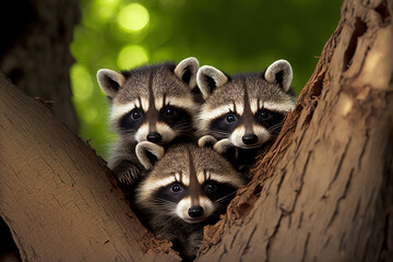 Three young raccoons scrambling over each other to peer out a hole in a large tree. Digital artwork	
 - obrazy, fototapety, plakaty