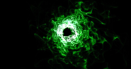 Abstract tunnel background with bright beautiful green glowing energy magical waves and lines of small digital particles