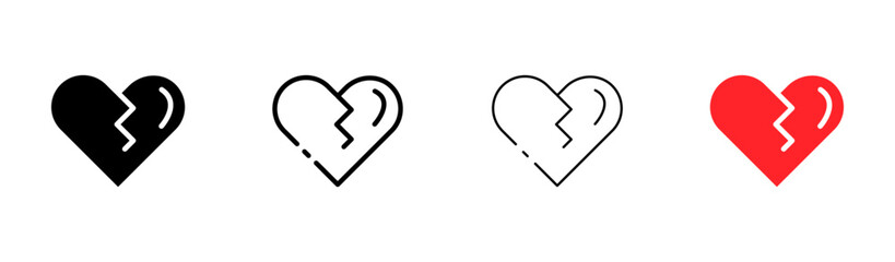 Heart flat icons set. Crack, broken heart, break, sadness, betrayal, breakup, divorce, red, black, linear. Relationship concept. Vector flat and line icons set on a white background