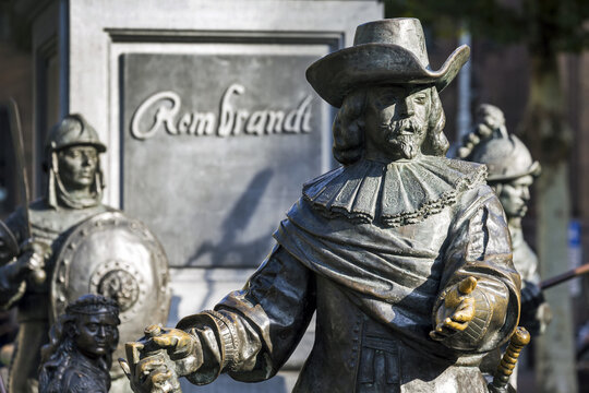 Close-up of a bronze statue of Rembrandt in city square (the Night Watch); Amsterdam, Netherlands