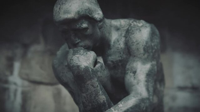 Thinking man statue. 3D animation of 100 year old statue Thinker by Auguste Rodin.