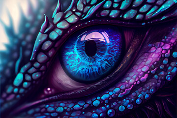 Close up of a dragon eye in blue and purple colors. Fantasy digital artwork. Generative AI. - obrazy, fototapety, plakaty