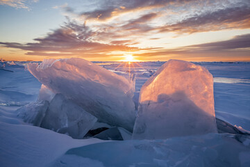 Ice on Lake Superior at sunrise; Grand Portage, Minnesota, United States of America