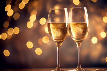 Two champagne glasses on a bokeh light background, ready for New Year celebrations.
