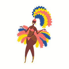 Girl, woman dancer in carnival costume, bikini with feathers, isolated on white. Hand drawn character vector illustration. Brazilian, Colombian carnival concept. Poster, flyer, banner design element