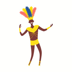 Man, male dancer in carnival costume with feathers, isolated on white. Hand drawn cartoon character vector illustration. Brazilian, Colombian carnival concept, design element for poster, flyer, banner