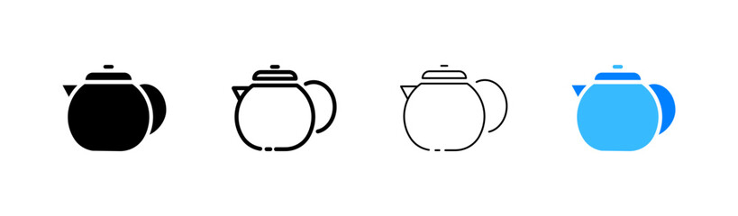 Teapot flat icons set. Leaves, herbs, sun, fields, grow, eco, boiling water, cup, taste, fruity, green, black. Drink concept. Vector flat and black line icons set on a white background