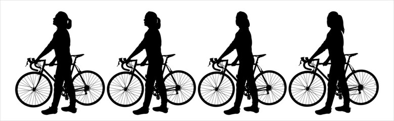 The girl stands motionless and holds the handlebars of a bicycle in his hands. A woman with a bicycle looks around and turns his head around. Side view. Four black female silhouettes isolated on white