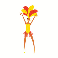 Girl, woman dancer in carnival costume, bikini with feathers, isolated on white. Hand drawn character vector illustration. Brazilian, Colombian carnival concept. Poster, flyer, banner design element