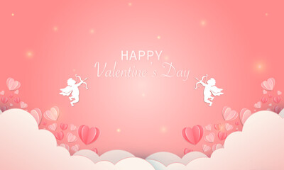 Valentines day with Cupid in clouds, paper cut decoration concept elements, vector illustration. Hearts, happy love angel for Valentines day holidays, romantic Paper art.