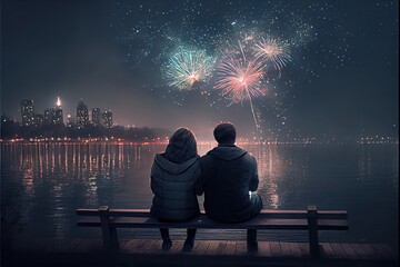 A couple cuddling and watching fireworks on a new year's eve, night time fireworks over a city, bench overlooking a lake, generative ai