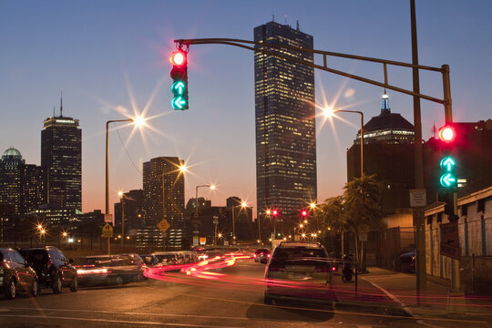 Traffic with office buildings at dusk, Corning Street, Boston, Suffolk County, Massachusetts, USA