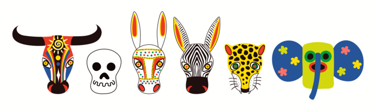 Colombian carnival traditional animal bull, donkey, leopard, zebra, death, marimonda masks, isolated on white. Hand drawn vector illustration. Barranquilla concept. Poster, banner design element