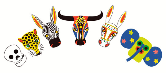 Colombian carnival traditional animal bull, donkey, leopard, zebra, death, marimonda masks, isolated on white. Hand drawn vector illustration. Barranquilla concept. Poster, banner design element