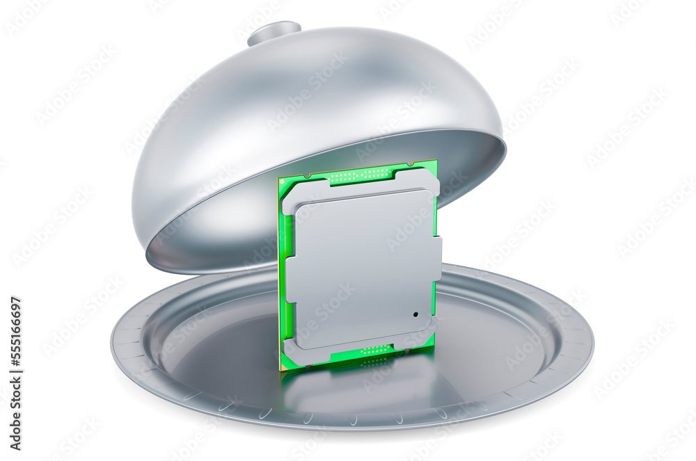 Poster restaurant cloche with computer processor, 3d rendering