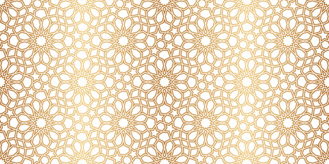 Islamic seamless pattern. Repeating gold arabesque background. Repeated morocco golden motif for design prints. Repeat arabian texture. Arab ornate girih patern. Ornament stars. Vector illustration - obrazy, fototapety, plakaty