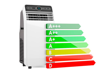 Portable air conditioner with energy efficiency chart, 3D rendering