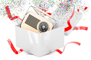 Gift box with retro radio, 3D rendering