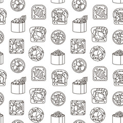 Seamless pattern with sushi on white background. Line art.