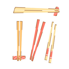 Set of chopsticks for sushi in different colors on coasters isolated on white background in cartoon style