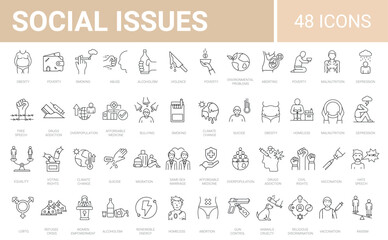 Set of 48 icons related to social issues, problems, rights. Line icon collection. Editable stroke. Vector illustration - obrazy, fototapety, plakaty