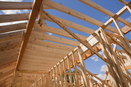 Low angle view of upper level framing of a house