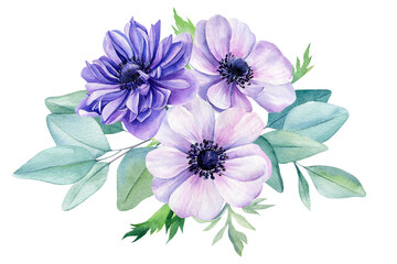 Beautiful delicate flowers. Watercolor illustrations of anemone flowers, eucalyptus leaves. Floral design