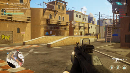 Video Game Mock-up Concept: Game play 3D Shooter Online Multiplayer Battle. FPS for Pro Gamers. POV Person Playing, Shooting Enemies, Scoring KIlls. Online Tournament Cyber Championship © Gorodenkoff