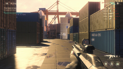 Day Video Game Mock-up Concept: Game play of Multiplayer 3D Shooter. Fun FPS for Pro Gamers. POV Person Playing, Shooting Enemies, Scoring Kills. Online Tournament Cyber Championship © Gorodenkoff