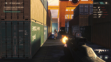 Video Game Mock-up Concept: Game play 3D Shooter Online Multiplayer Battle. FPS for Pro Gamers. POV Person Playing, Shooting Enemies, Scoring KIlls. Online Tournament Cyber Championship © Gorodenkoff