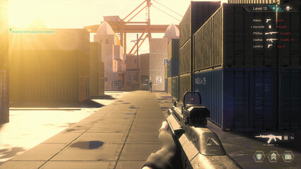 Video Game Mock-up Concept: Game play 3D Shooter Online Multiplayer Battle. FPS for Pro Gamers. POV Person Playing, Shooting Enemies, Scoring KIlls. Online Tournament Cyber Championship © Gorodenkoff