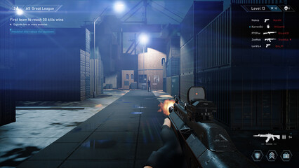 Night Video Game Mock-up Concept: Game play of Multiplayer 3D Shooter. Fun FPS for Pro Gamers. POV Person Playing, Shooting Enemies, Scoring Kills, Winning Game. Online Tournament Cyber Championship © Gorodenkoff