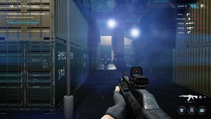 Night Video Game Mock-up Concept: Game play of Multiplayer 3D Shooter. Fun FPS for Pro Gamers. POV Person Playing, Shooting Enemies, Scoring Kills. Online Tournament Cyber Championship © Gorodenkoff