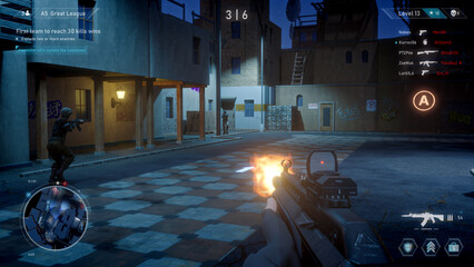 Night Video Game Mock-up Concept: Game play of Multiplayer 3D Shooter. Fun FPS for Pro Gamers. POV Person Playing, Shooting Enemies, Scoring Kills. Online Tournament Cyber Championship © Gorodenkoff