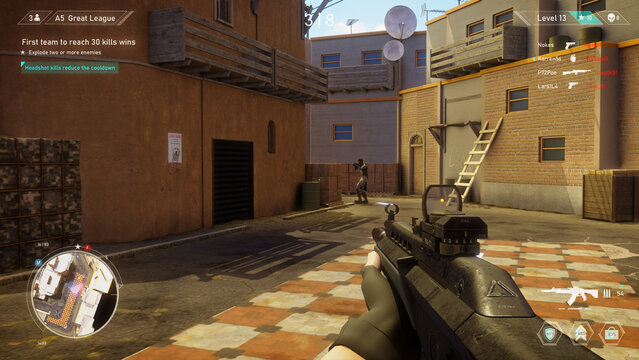 Video Game Mock-up Concept: Game play 3D Shooter Online Multiplayer Battle. Fun Tactical FPS for Pro Gamers. Person Playing, Shooting Enemies, Scoring Kills. Win Online Tournament Cyber Championship