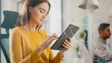 Virtual Connection Visualization Concept: Happy Young Woman Uses Digital Tablet Computer in the...