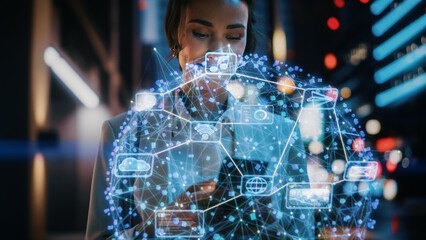 Beautiful Woman Using Smartphone on a City Street at Night. Businesswoman Using Mobile Phone, Infographics Show Productivity, Economics, e-Commerce, Finance, Statistics Graphs, Stock Market Data
