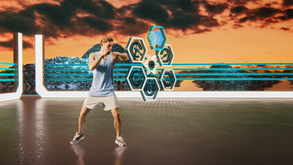 Virtual Reality Shadow Boxer Video Game Cool Environment. In Metaverse Man Fight Against AI, Scoring Points, Virtual Training, Fitness, Exercise, Workout. 3D VFX Graphics, Animation