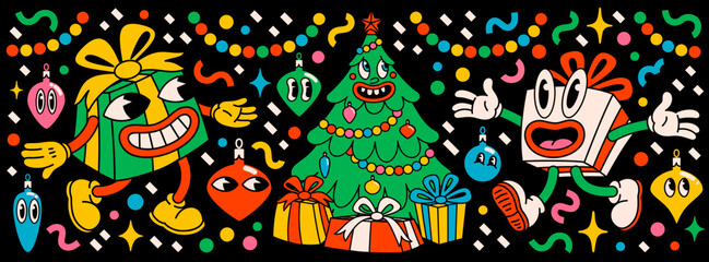 Merry Christmas and Happy New year pack of trendy retro cartoon characters. Groovy hippie Christmas stickers with Christmas tree, gifts and winter objects. Vector Cartoon characters and elements.