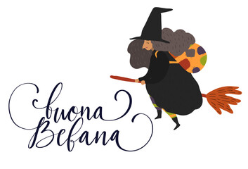 Buona Befana translation Happy Epiphany card for Italian holidays. Handwritten lettering, old witch flying on a broom in the night to bring presents.