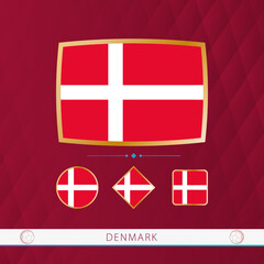 Set of Denmark flags with gold frame for use at sporting events on a burgundy abstract background.