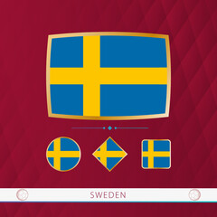 Set of Sweden flags with gold frame for use at sporting events on a burgundy abstract background.